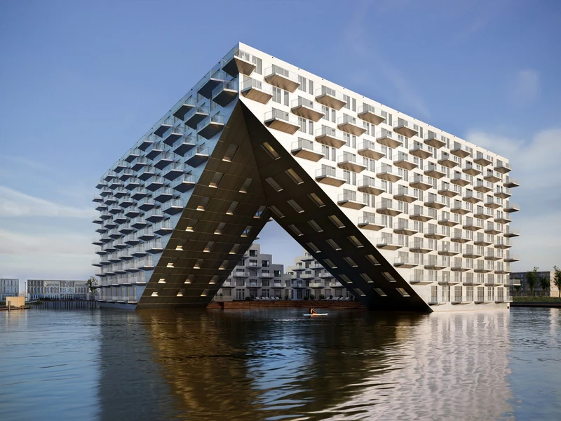 CG study of the Sluishuis building in Amsterdam over the water